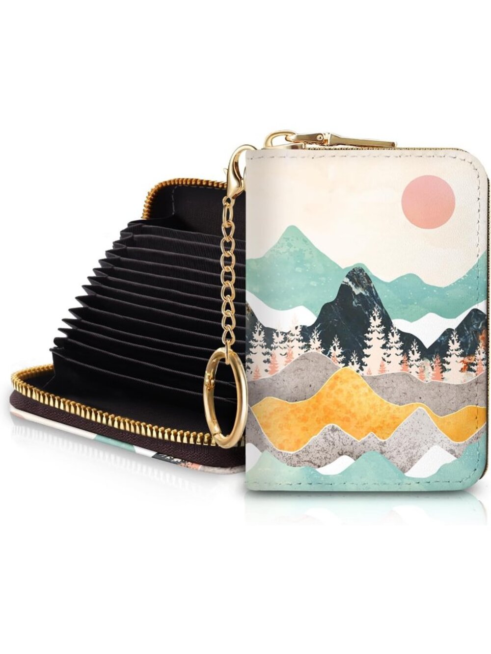 Women Sunrise RFID Credit Card Holder Bird Keychain Travel Zipper Wallet